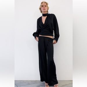 Zara Black Wide Leg High Waist Satin effect Pants elastic waistband size S NWT
